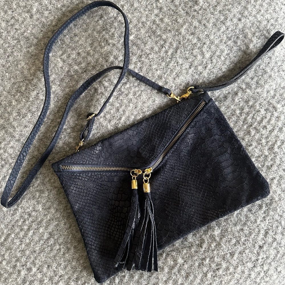 Blue Genuine Leather Snakeskin Embossed Crossbody Clutch Tassel Zipper Bag